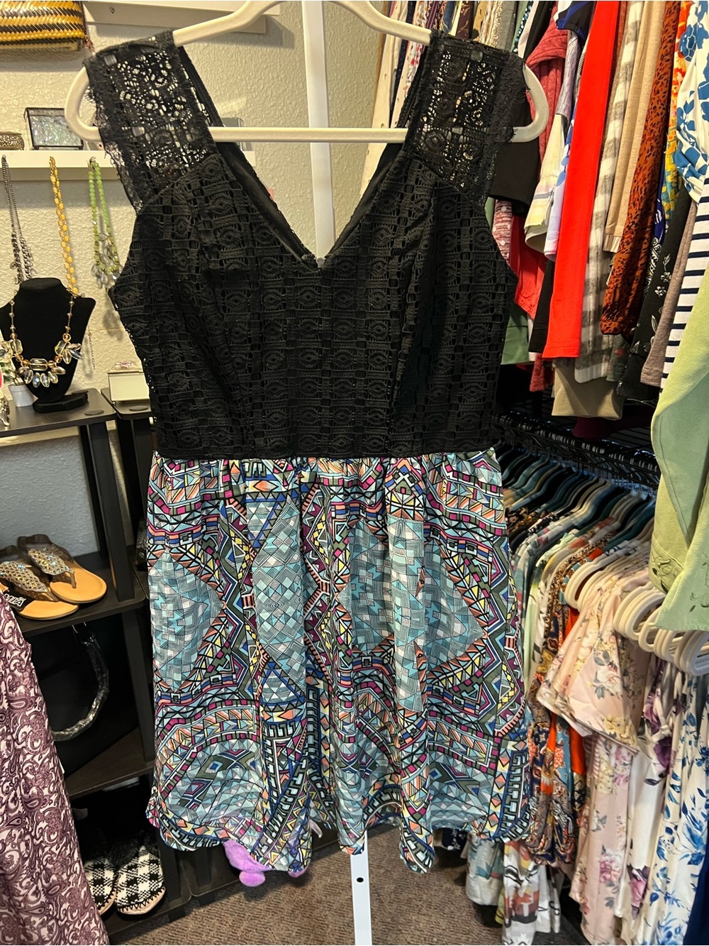 Xhilaration Black Lace Bodice Multicolor Geometric Skater Dress